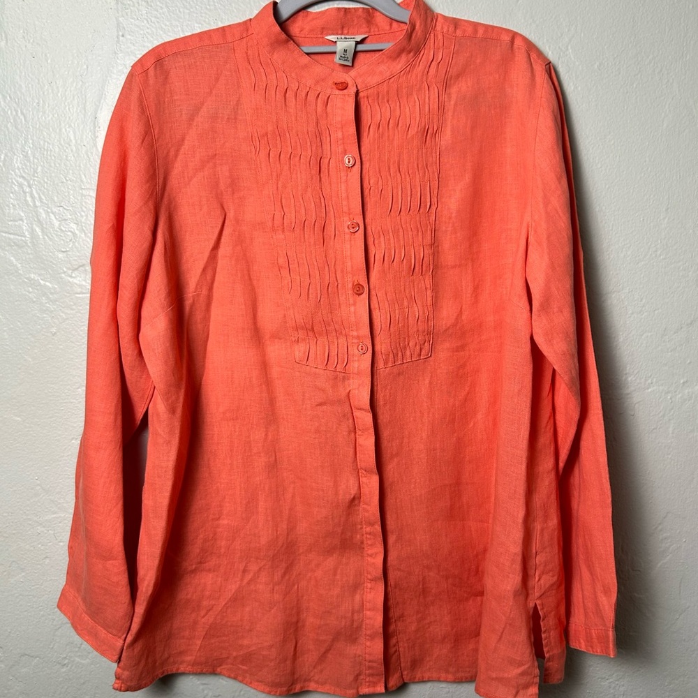 LL Bean Womens Long Sleeve Linen Pintuck Button Up Blouse